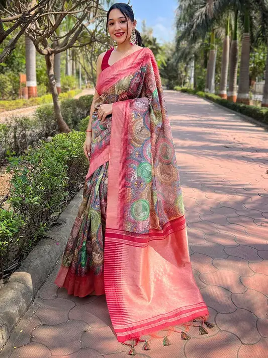 Beautiful Slub Tussar Silk Madhubani Kalamkari Block Print Saree
