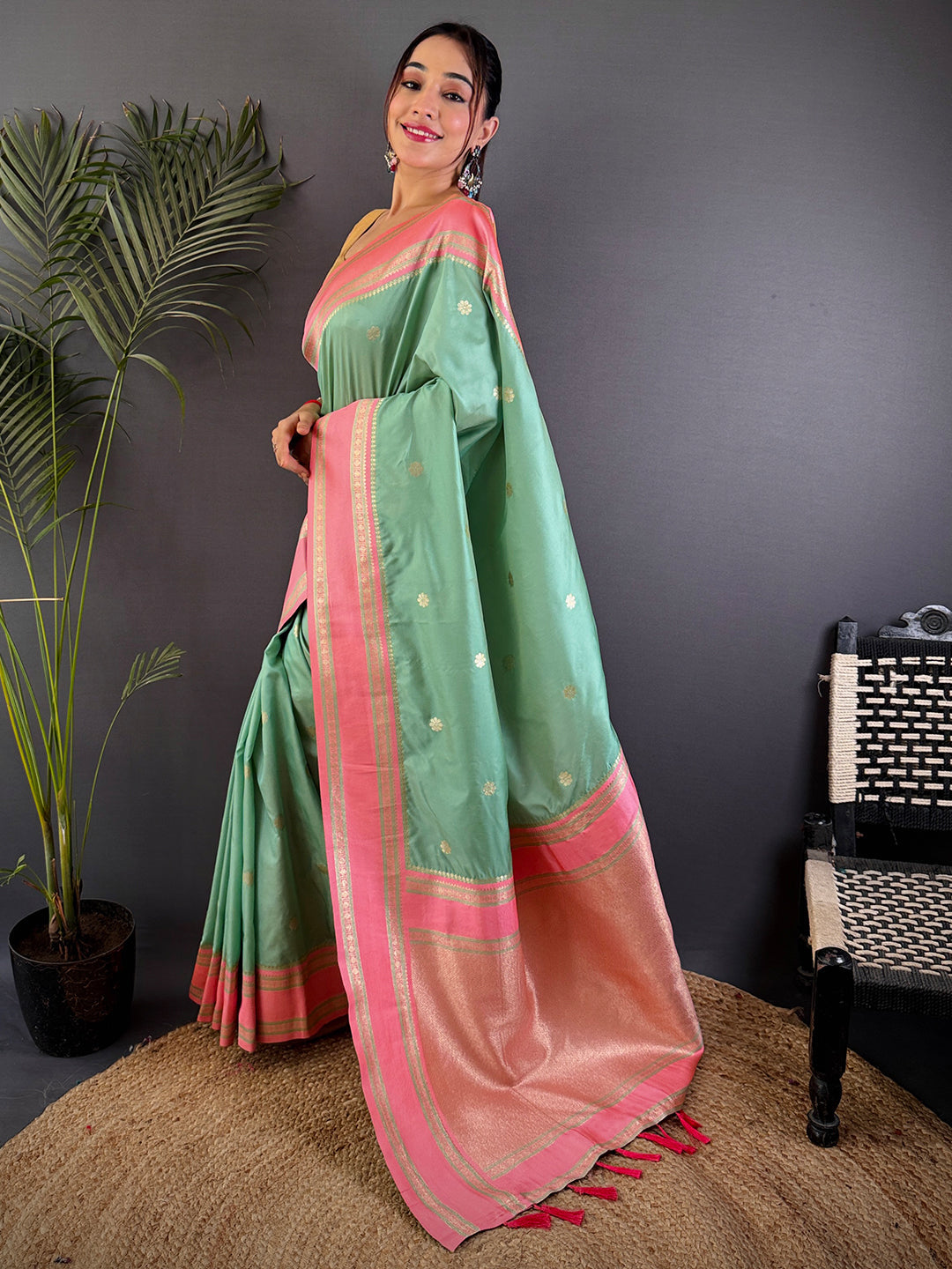 Pista Soft Silk Floral Butta Saree by My Store