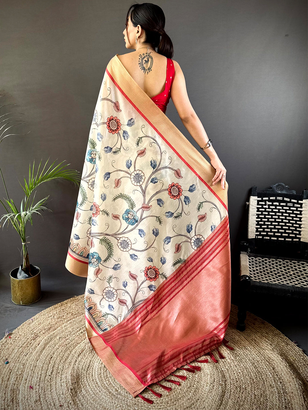 Cream Digital Kalamkari Printed Tussar Silk Saree by My Store