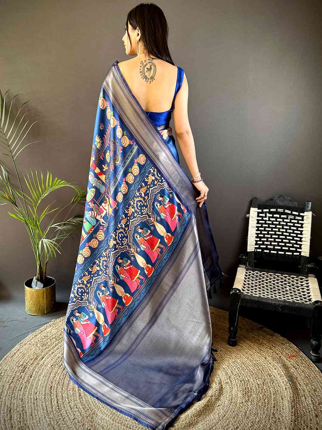 Light Blue Mughal Kalamkari Print Pashmina Saree by My Store