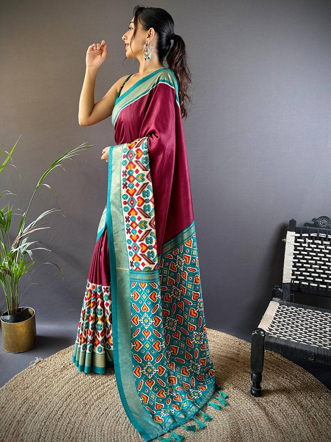 Maroon Patola Print Chanderi Saree by My Store