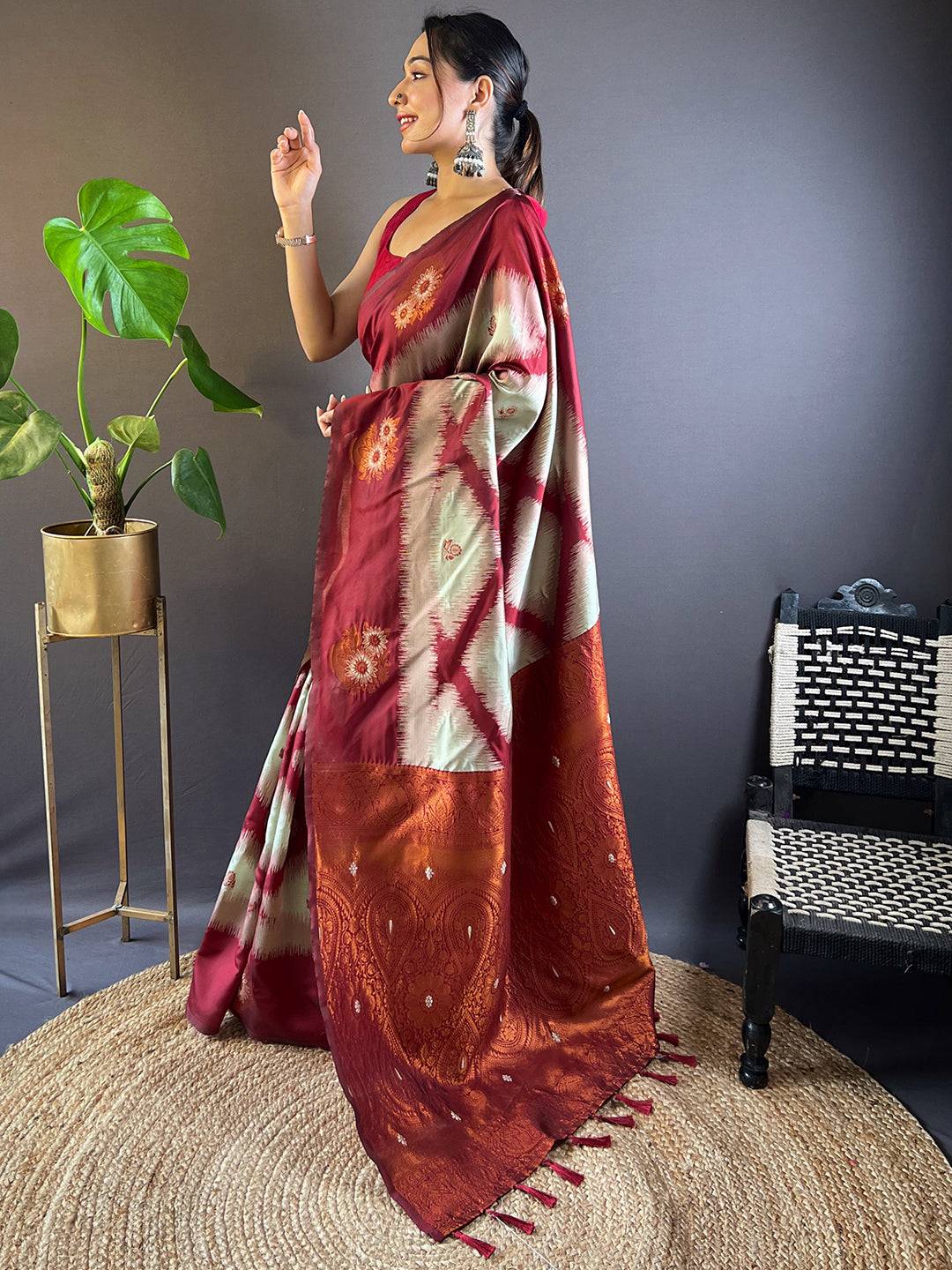 Maroon Tussar Silk Ikkat Weaving Saree by My Store