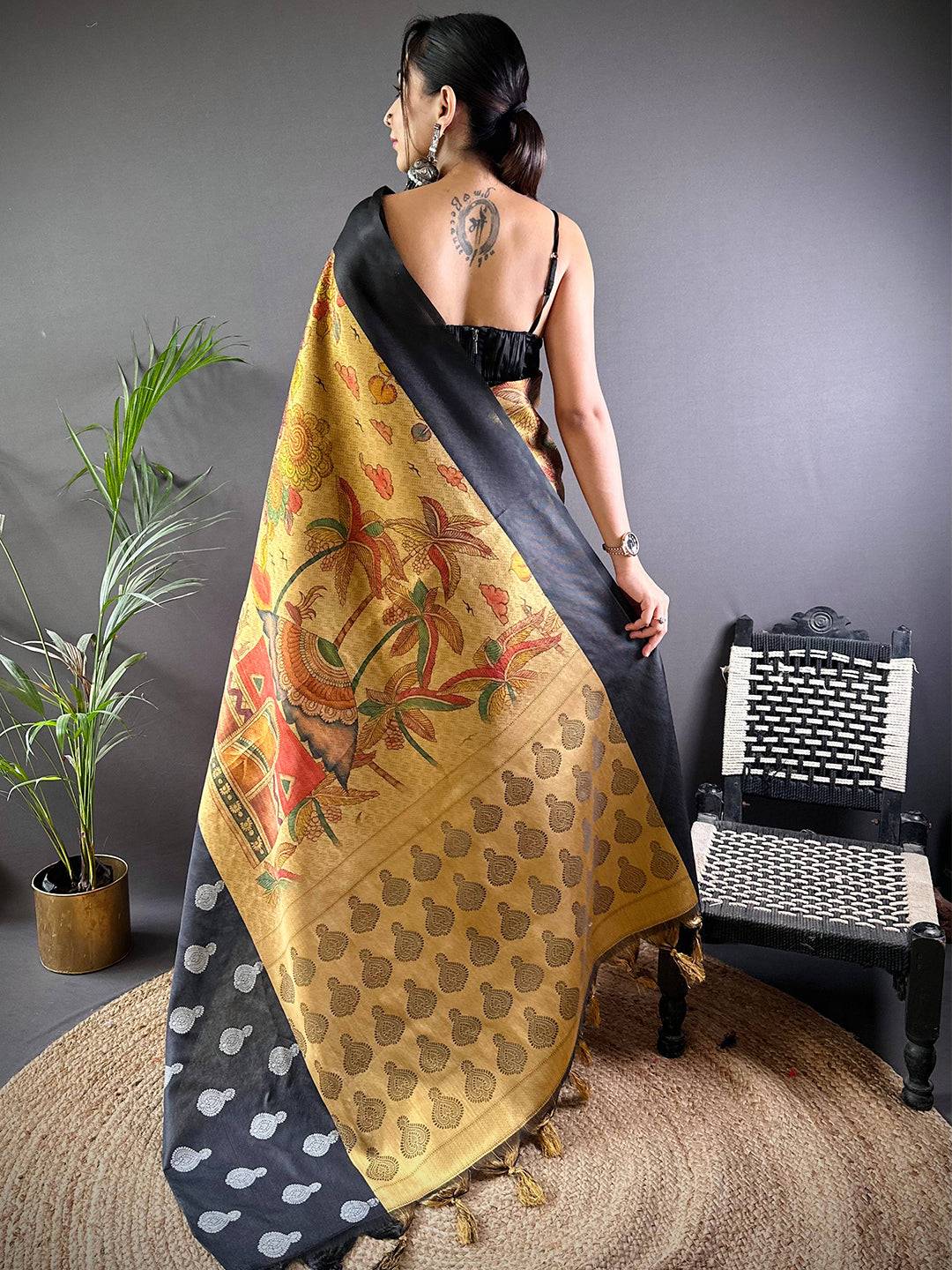 Mustard Yellow Kora Silk Kalamkari Print Saree by My Store