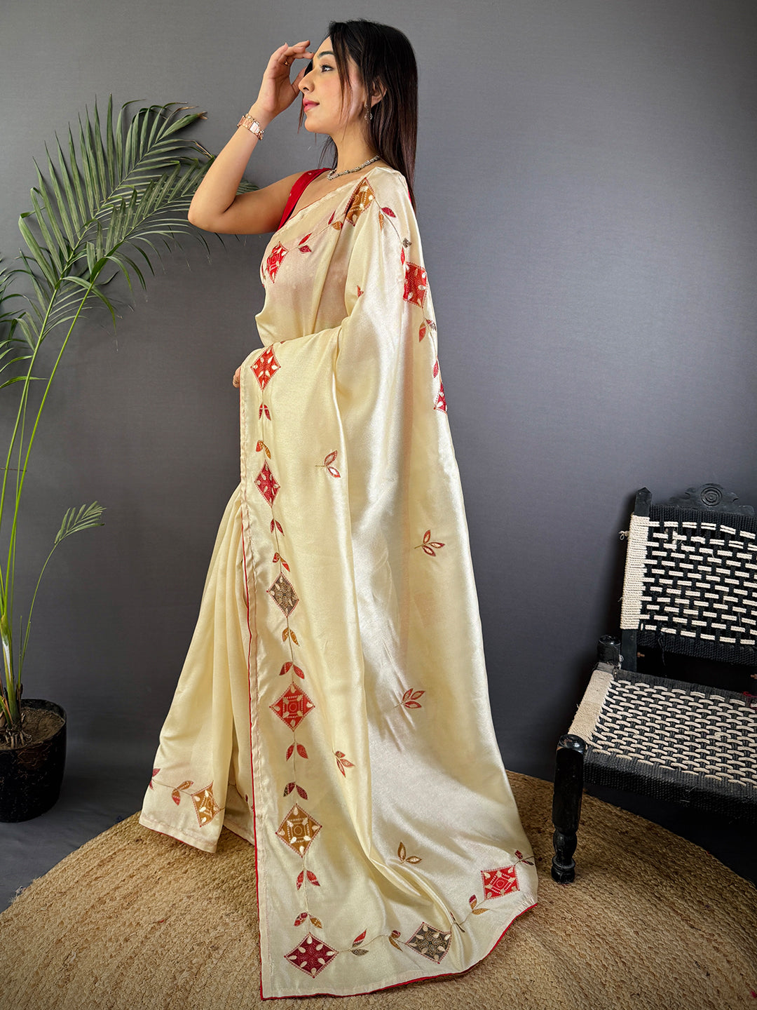 Cream Bandhej Patch Work Tissue Saree by My Store