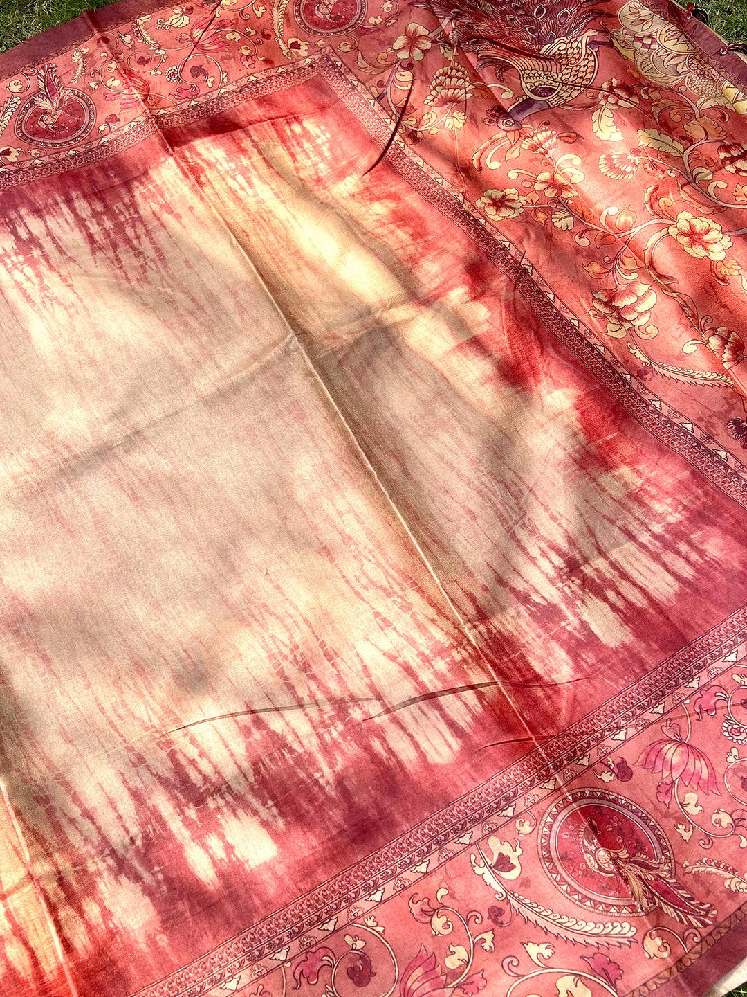 Maroon Colour Tussar Silk Saree With Batik and Kalamkari Print Border by My Store