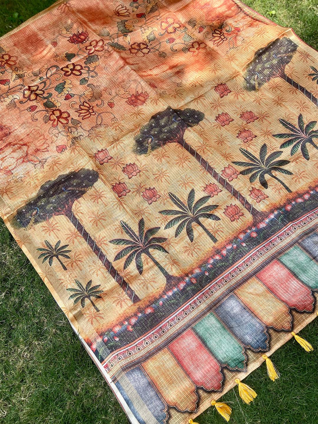 Orange Kota Doriya Silk Saree With Floral Print by My Store