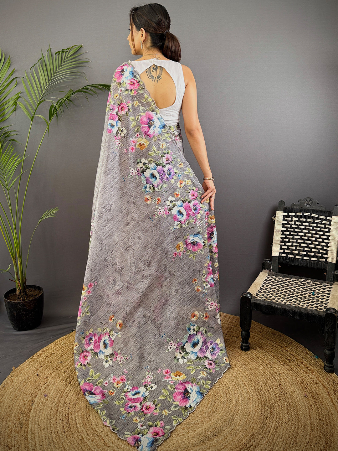 Charcoal Grey Floral Cut Work Kota Saree by My Store