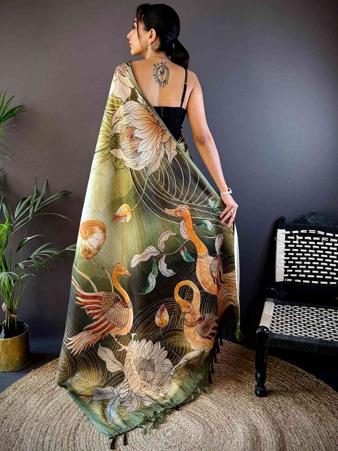 Olive Semi Zari Tussar Botanical Saree by My Store