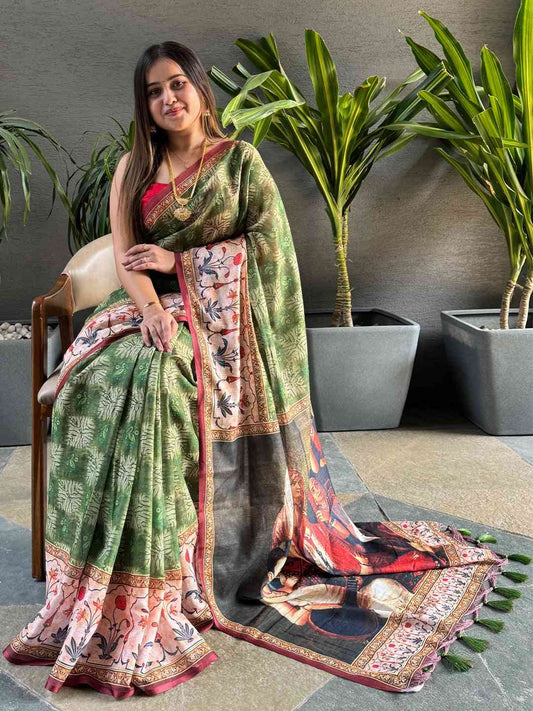 Green Colour Block Print Saree With kalamkari Print Pallu by My Store