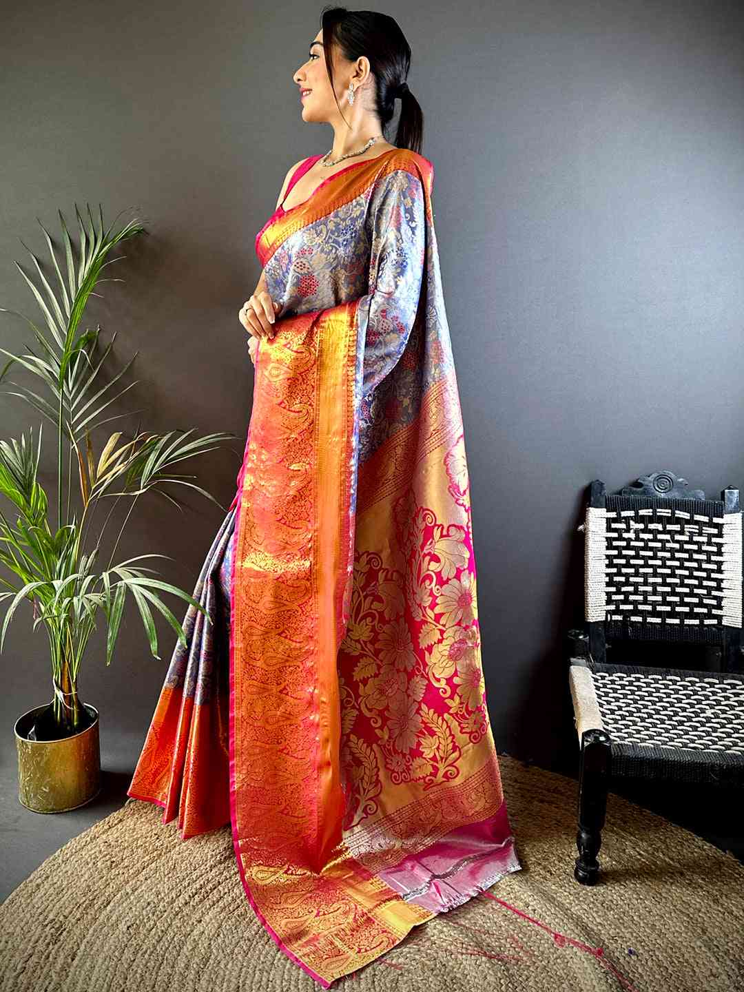 Royal Blue Dharmavaram Silk Floral Saree by My Store