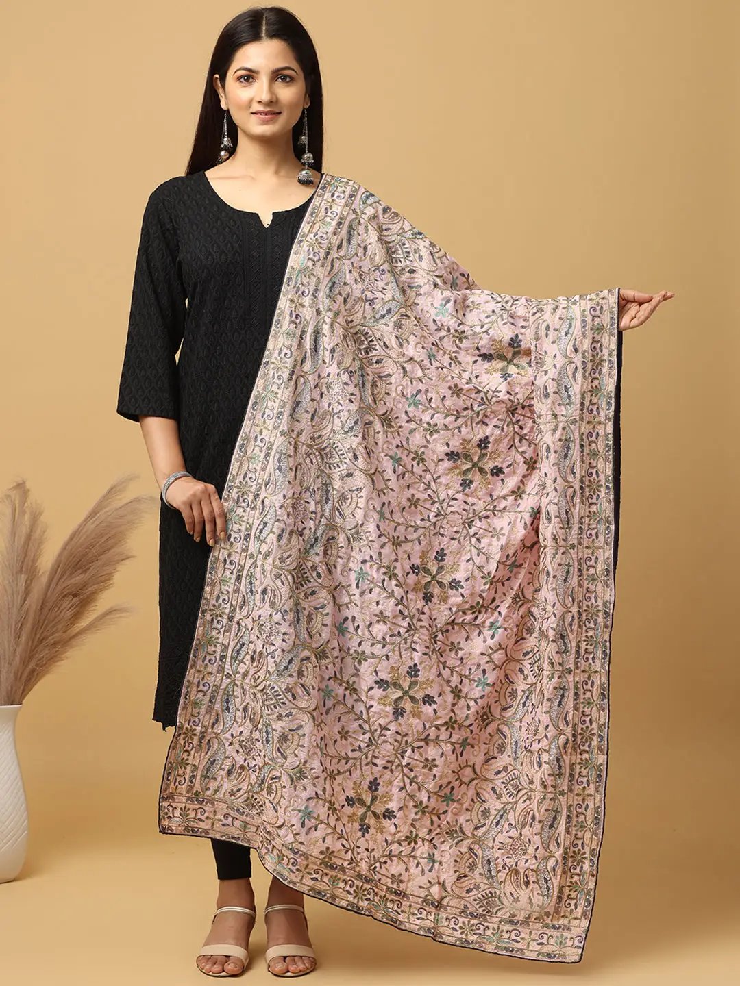 Light Pink Poly Chiffon Pashmina Threadwork Dupatta by My Store