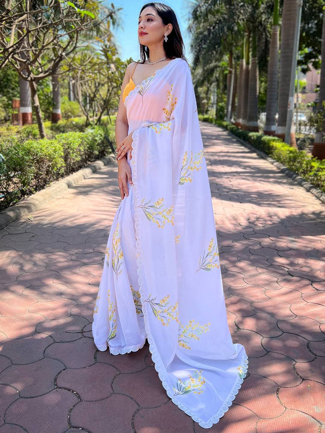 White Pure Satin Georgette with Zircon Swarovski Border Saree