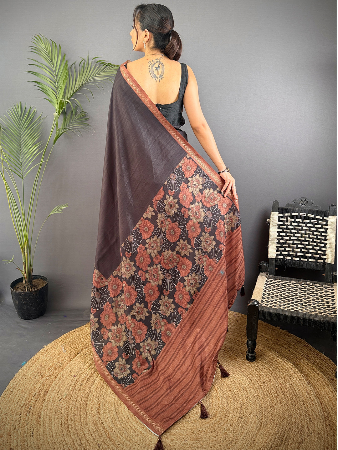 Brown Ghicha Tussar Silk Floral Saree by My Store