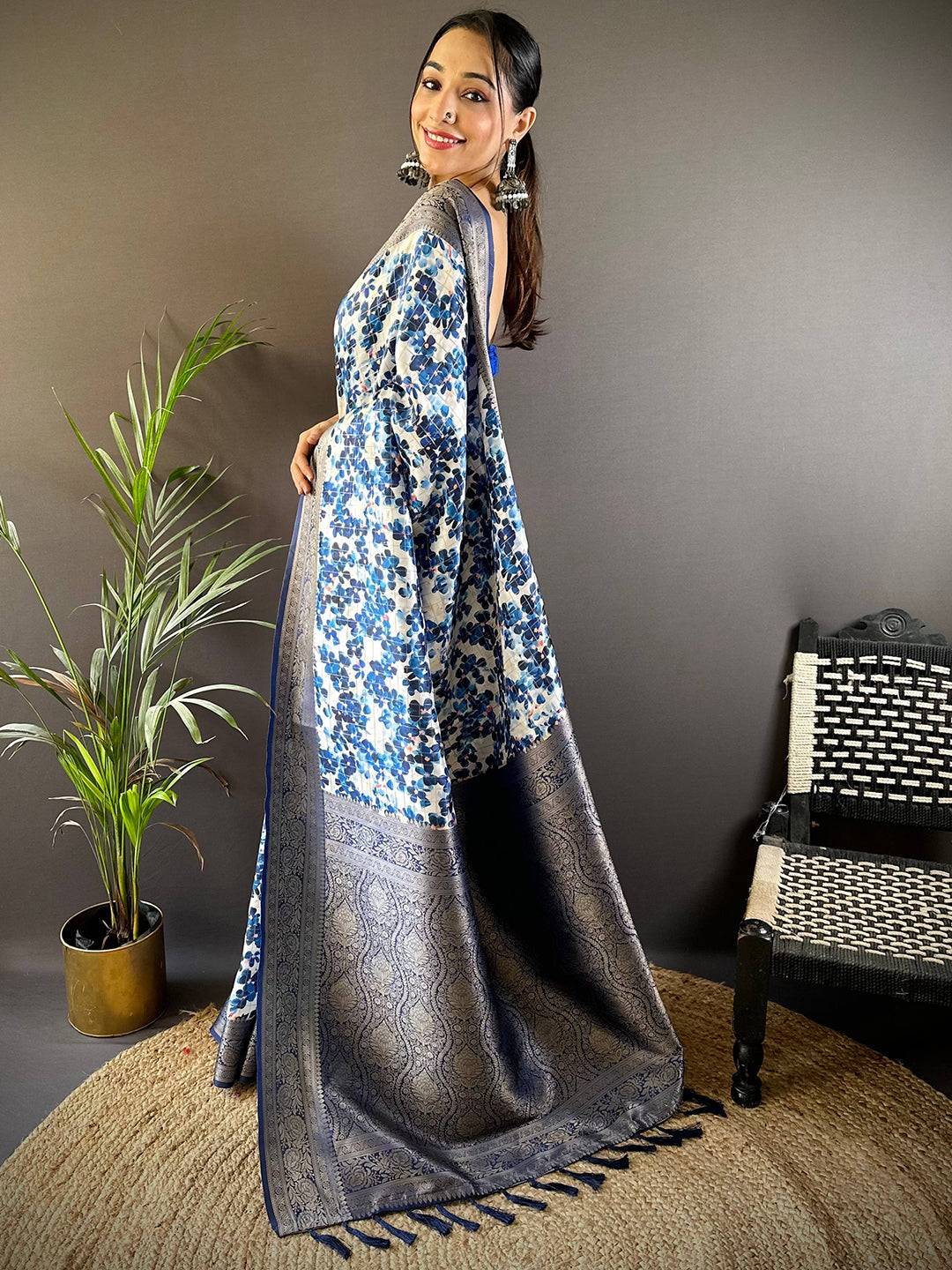 Midnight Bloom Blue Floral Saree by My Store