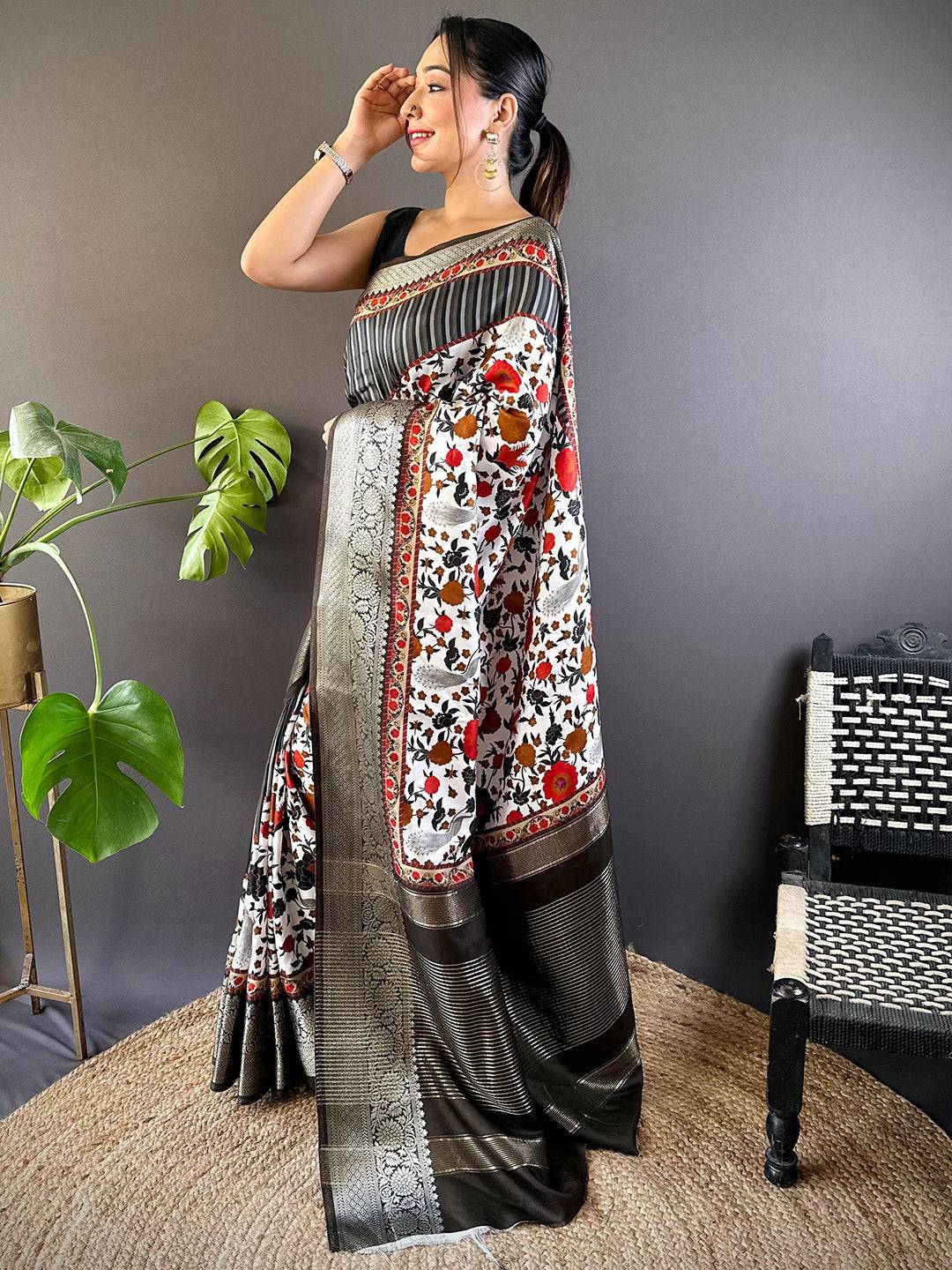 Black Floral Peacock Fusion Saree