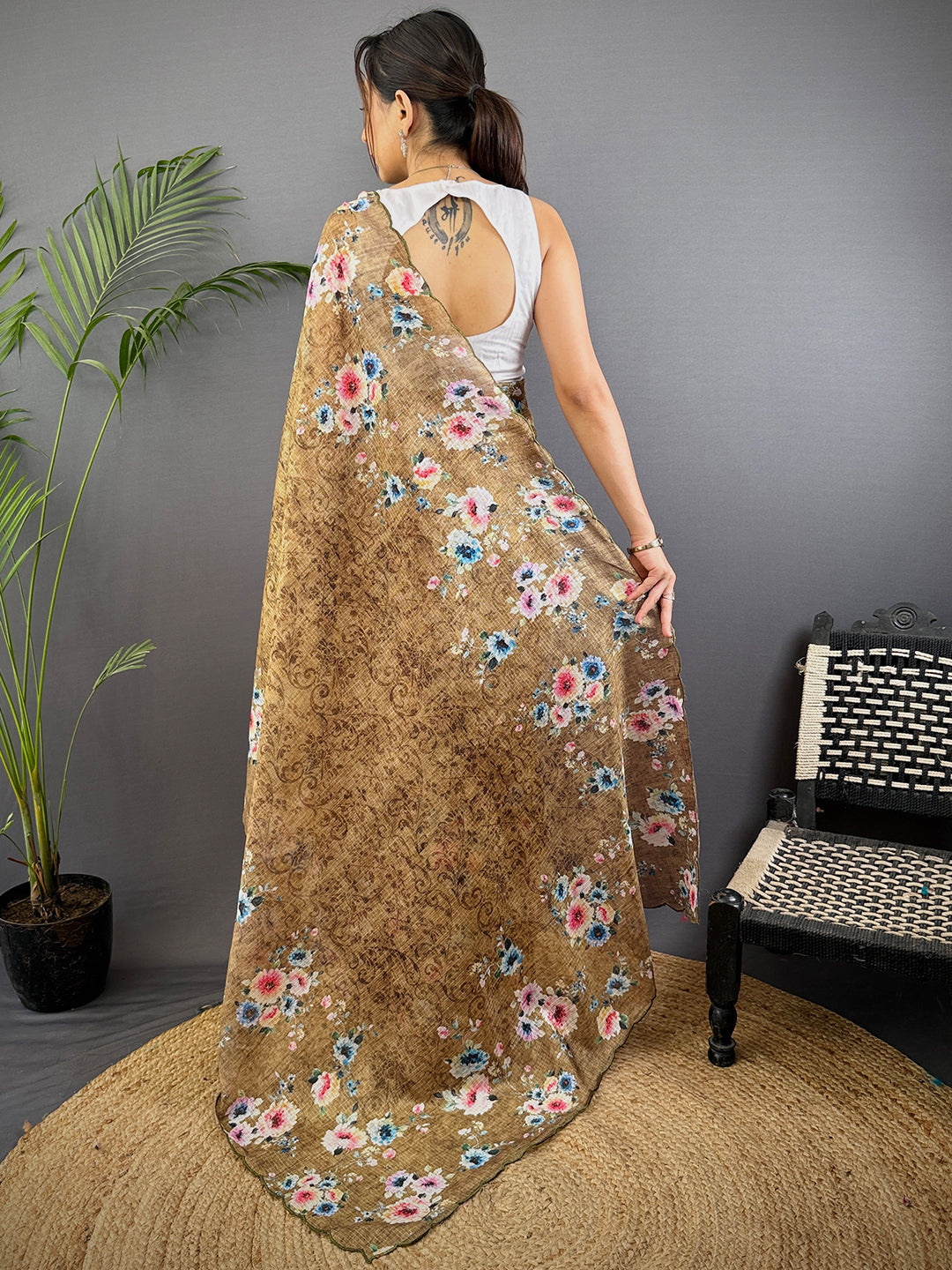 Brown Floral Cut Work Kota Saree by My Store