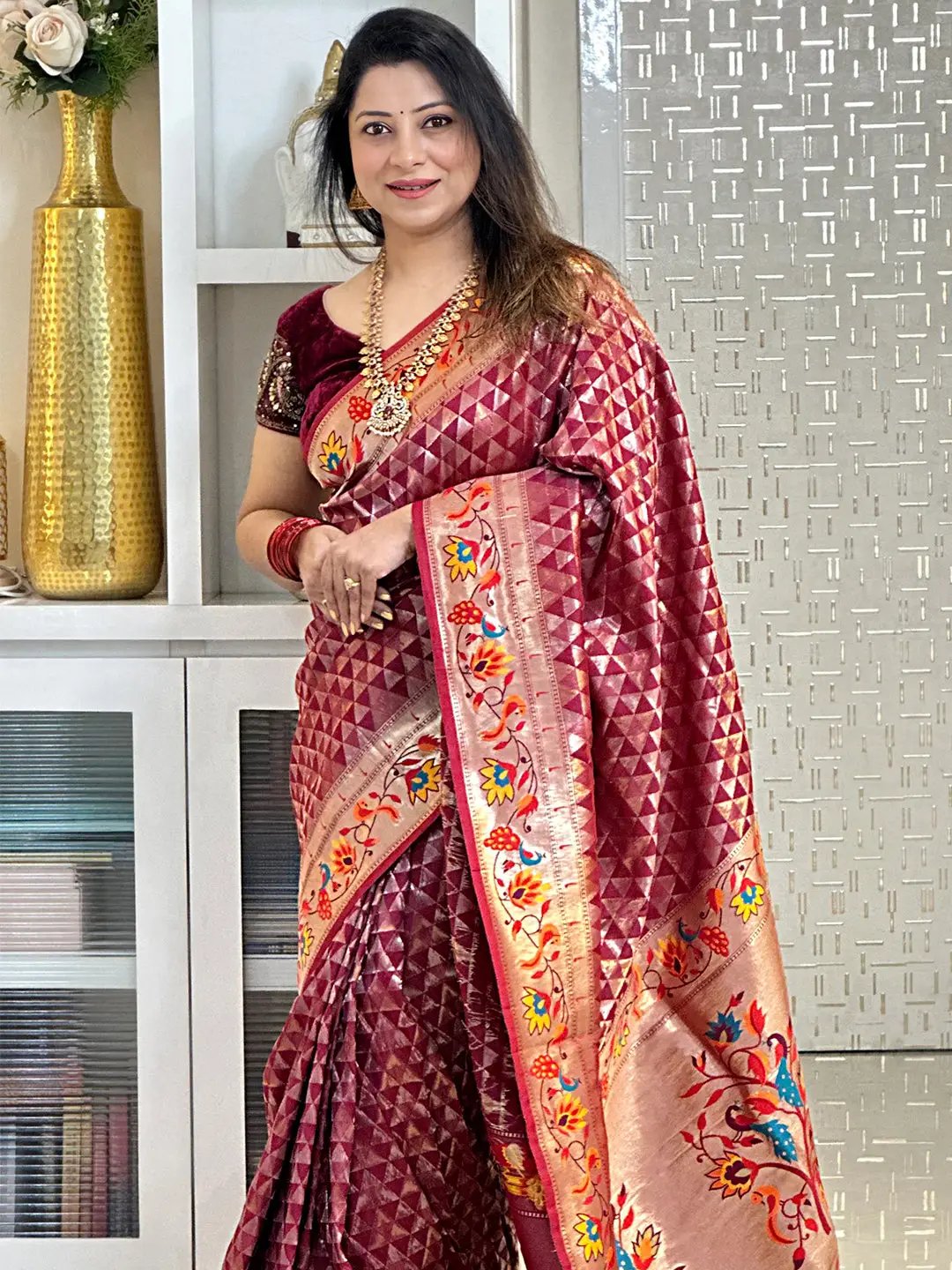 Wine Silk Blend Woven Zari Work Paithani Saree