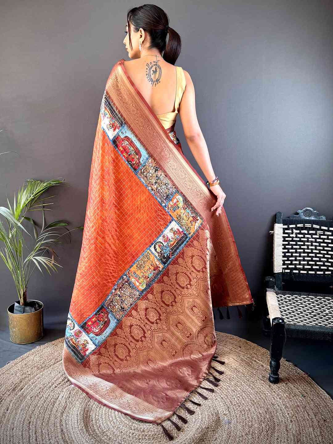 Rust Orange Tussar Silk Kalamkari Checkered Saree by My Store
