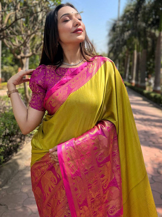 Aura Soft Silk Light Green Colour Saree With Self Weaving Broced Blouse