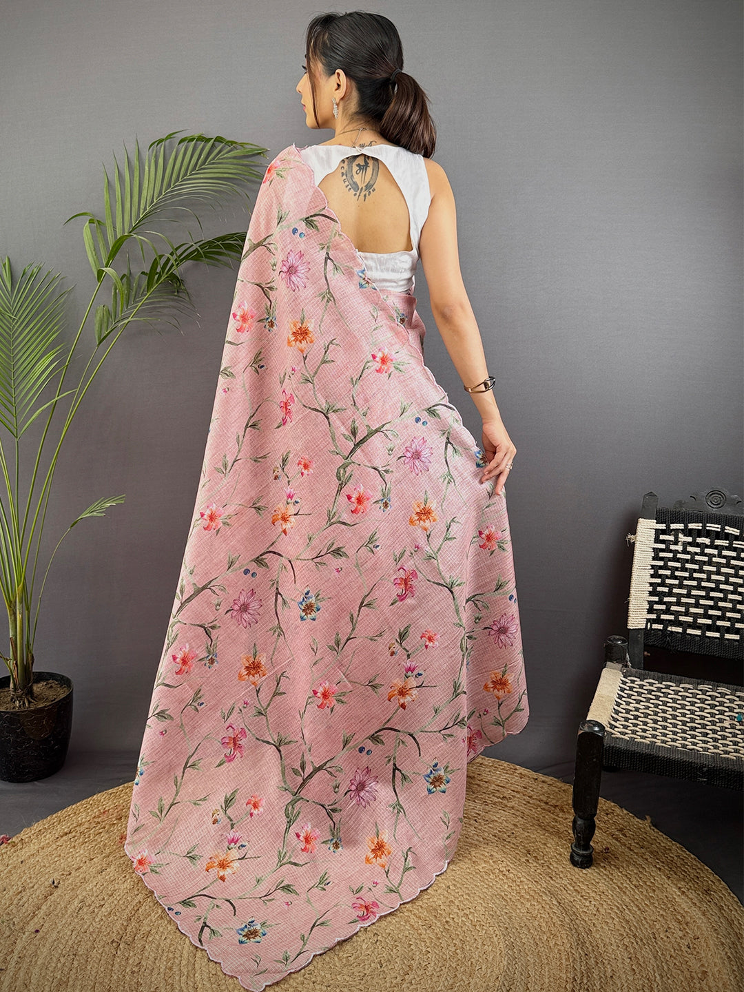 Light Pink Soft Kota Floral Print Saree by My Store