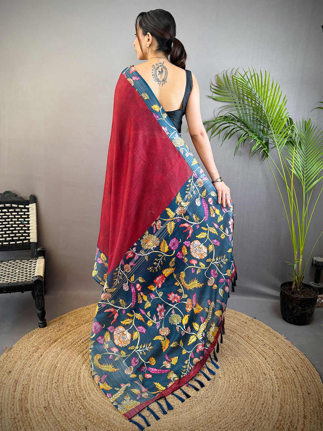 Red Linen Kalamkari Print Saree by My Store