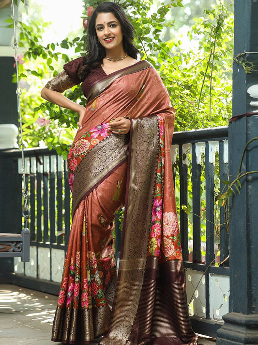 Brown Colour Pure Viscose Dola Silk Saree with Floral Print - Luxe by My Store