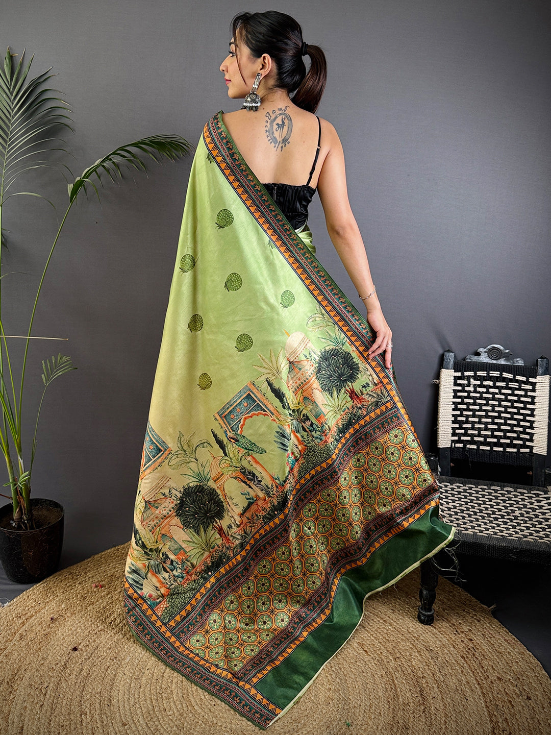 Olive Soft Dola Silk Printed Saree by My Store