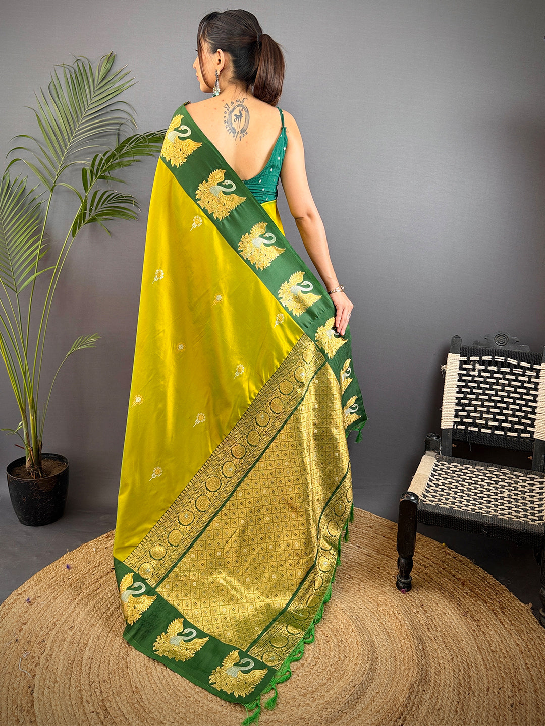 Green Swan Motif Soft Silk Saree by My Store