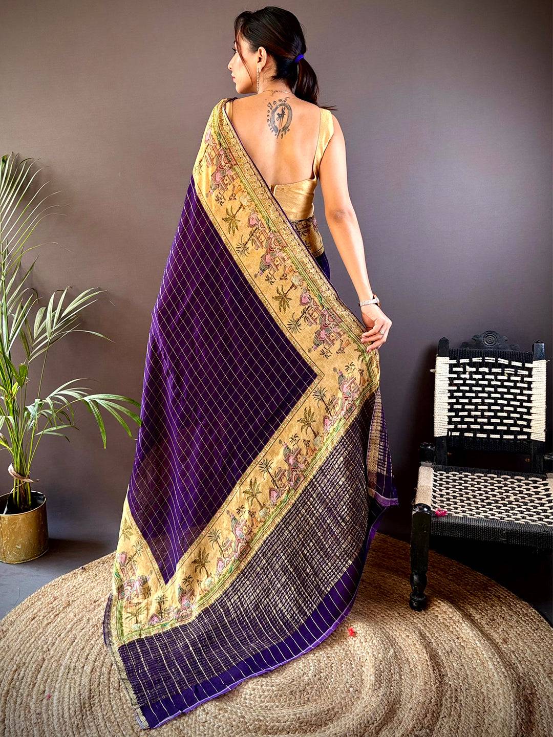 Purple Chinnon Chiffon Kalamkari Saree by My Store