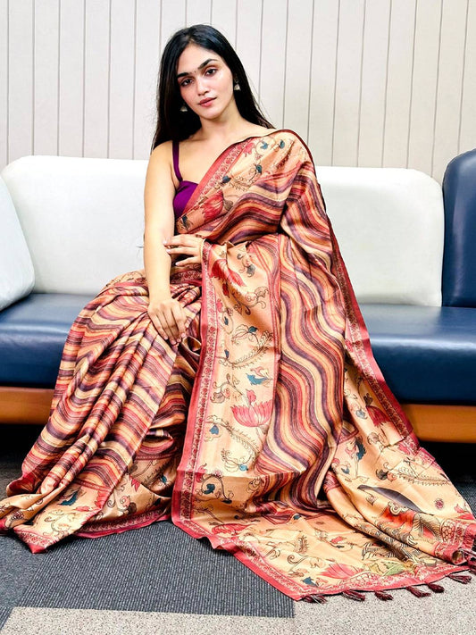 Maroon Tussar Silk Kalamakri Flower With Leheriya Print Saree by My Store