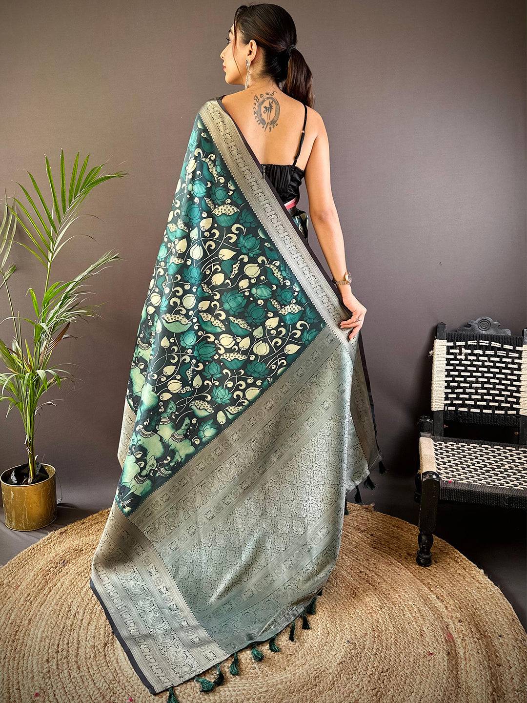 Ocean Teal Soft Silk Kalamkari Saree by My Store
