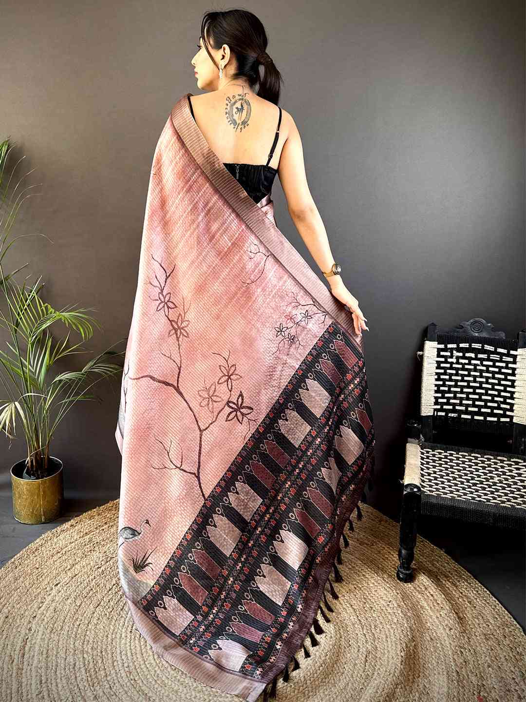 Blush Pink Tussar Chex Japanese Print Saree