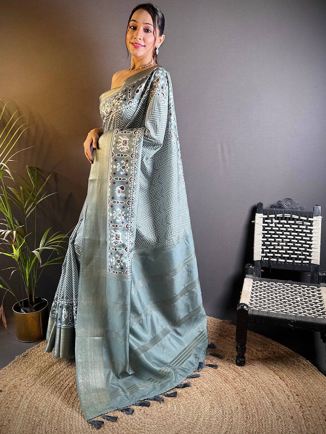 Light Blue Zig Zag Kalamkari Kanchi Silk Saree by My Store