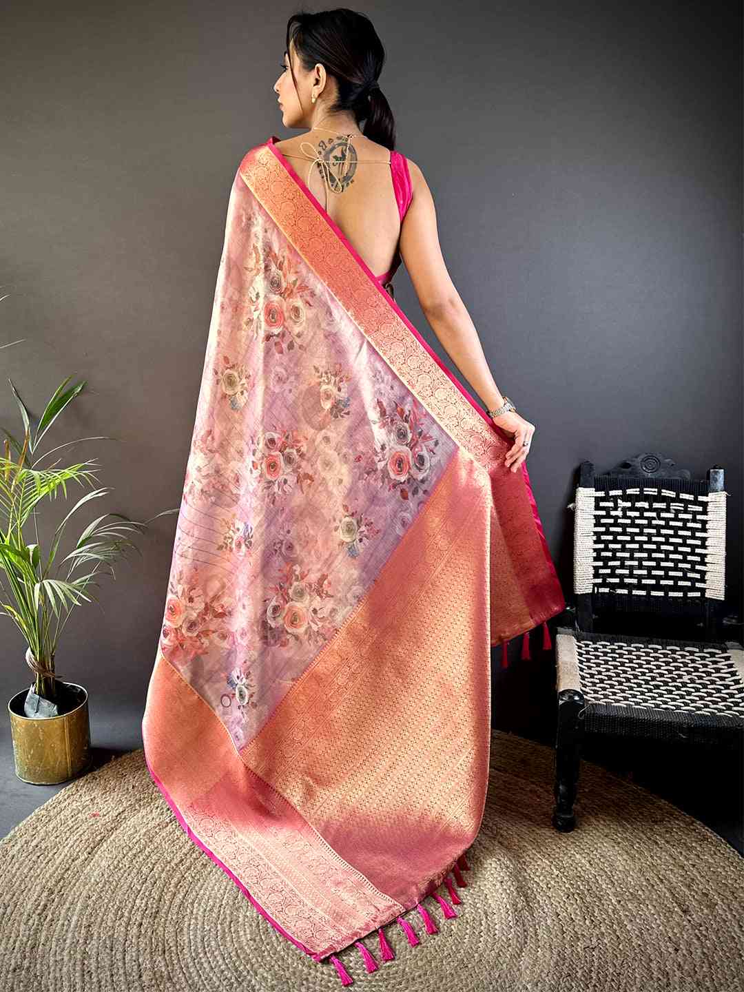 Purple Floral Gold Zari Tissue Saree by My Store