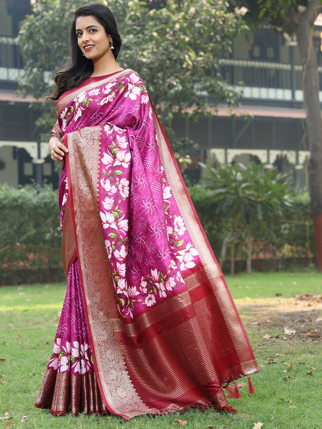 Magenta Pure Viscose Dola Silk Saree With Floral Print Border - Luxe by My Store