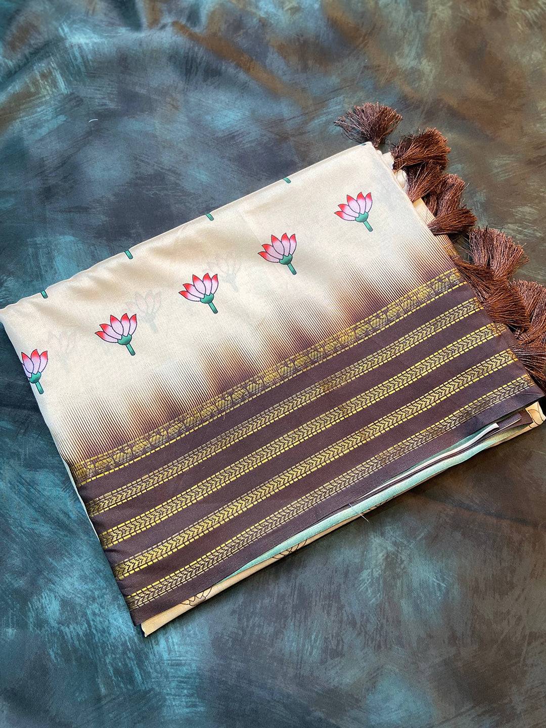 Cream 2 Ton Lotus Print Saree by My Store