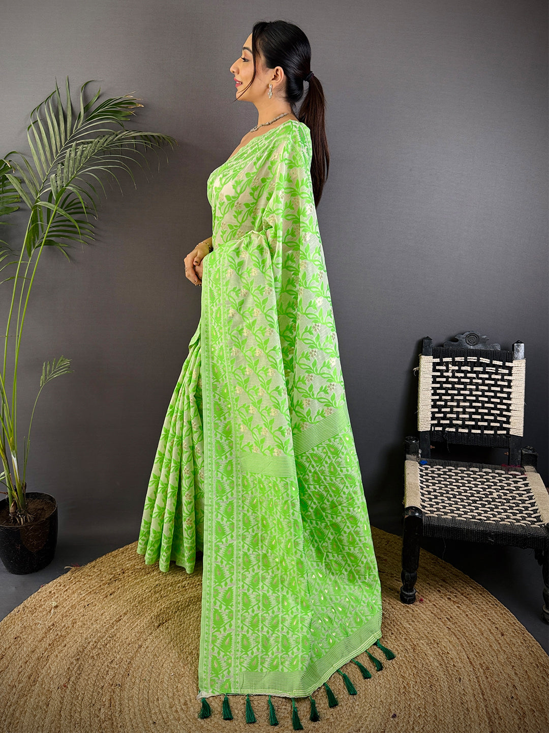 Green Soft Dhakai Jamdani Silk Saree by My Store