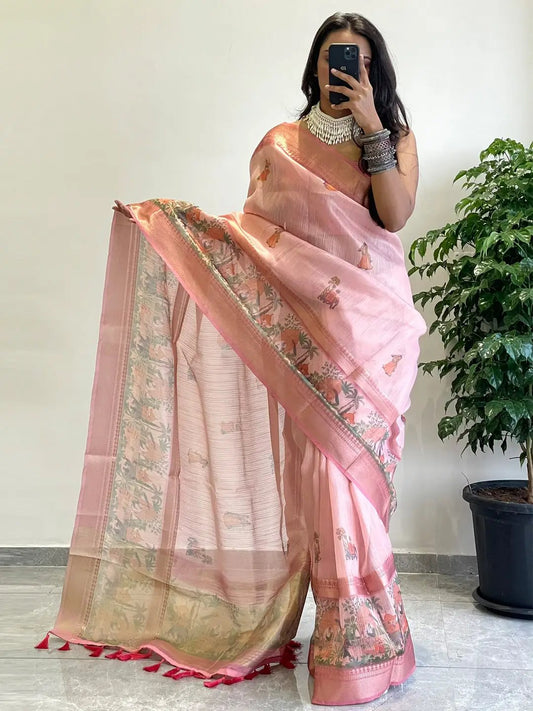 Exclusive Soft Gold Zari Tissue Digital Print Saree by My Store