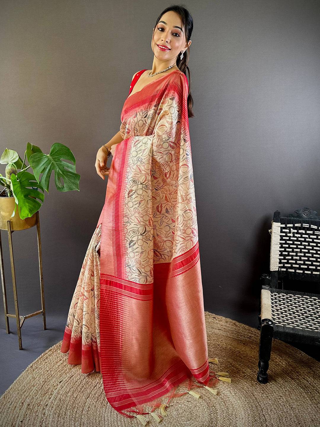 Off White Floral Tussar Silk Saree by My Store