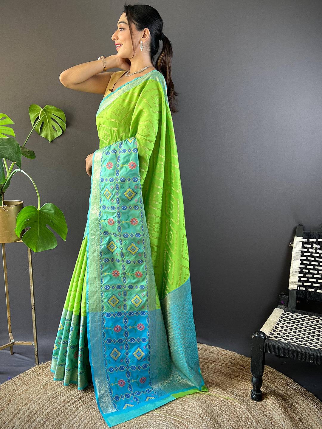 Perot Green Katan Silk Ikkat Saree