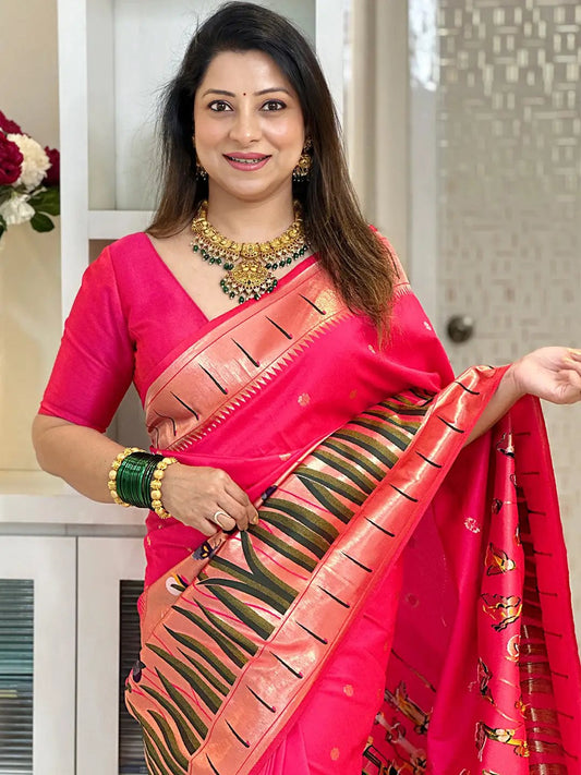 Pink Colour Paithani Silk Saree With Tassel by My Store
