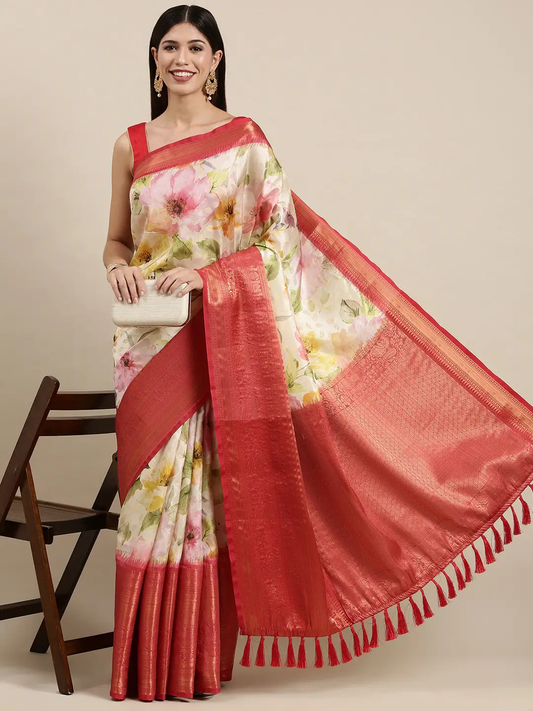 Red Colour Digital Floral Print Pattu Banarasi Silk Saree by My Store