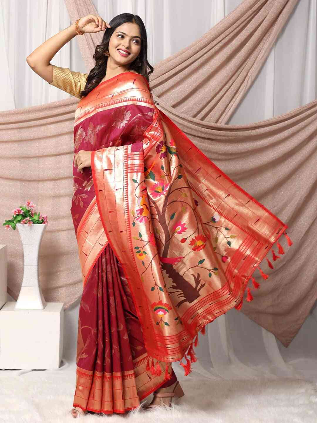 Maroon Paithani Silk Blend Saree by My Store
