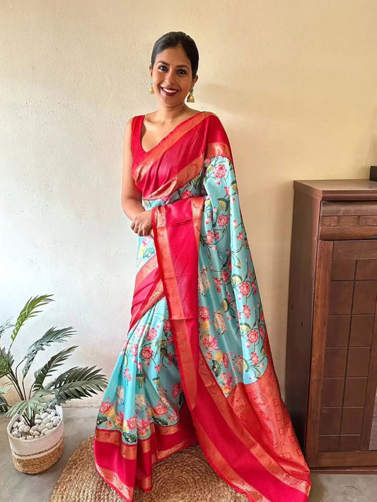 Floral Gadwal Silk Saree with Bold Red Pallu by My Store