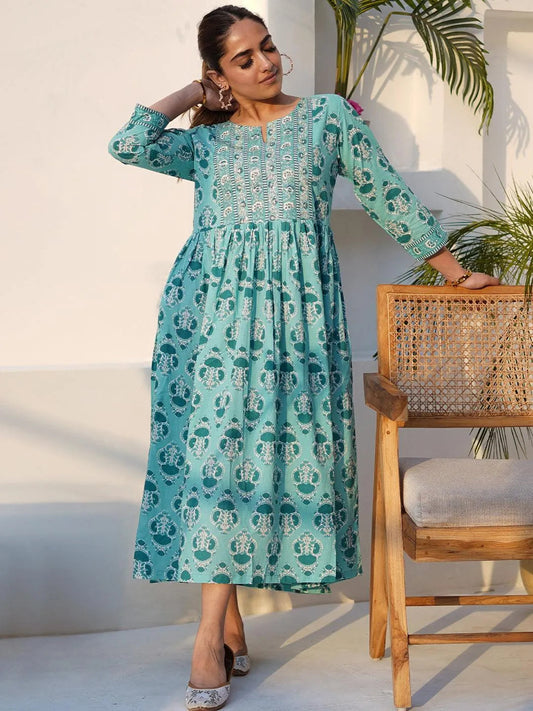 Sea Green Printed Cotton Fit and Flare Dress by My Store