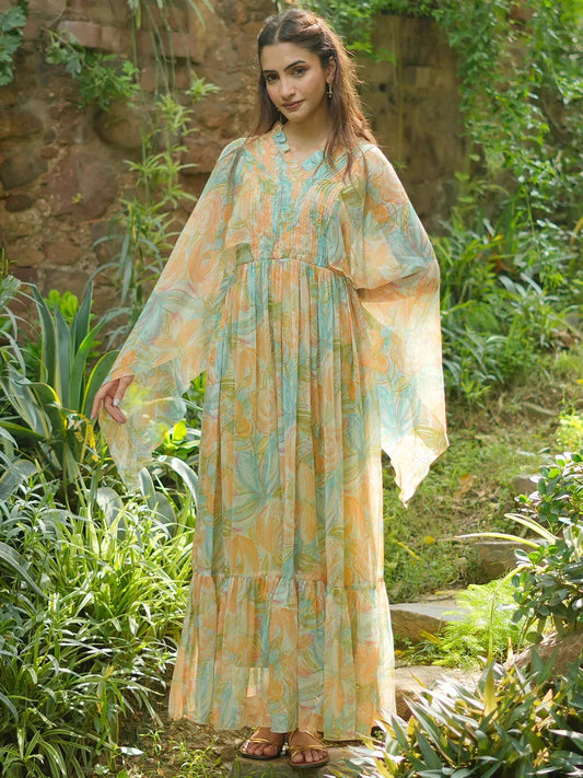 Green Printed Chiffon A-Line Dress by My Store