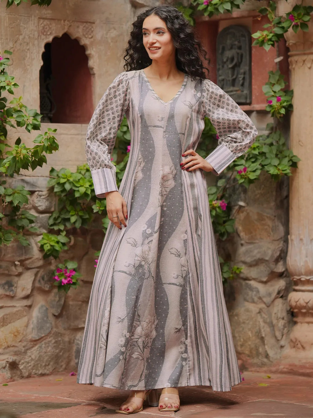 Off White Printed Cotton Blend A-Line Dress by My Store