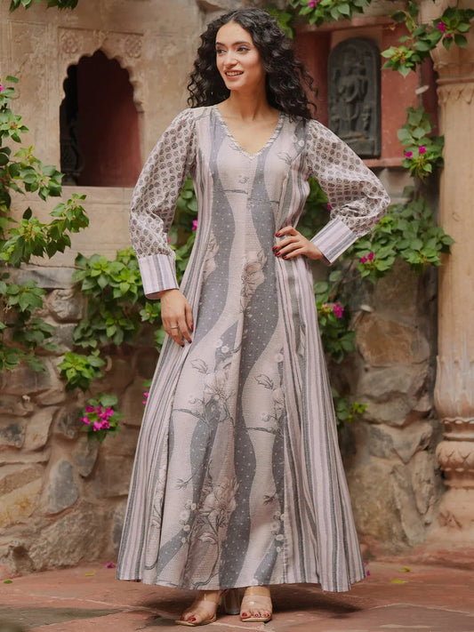 Off White Printed Cotton Blend A-Line Dress by My Store