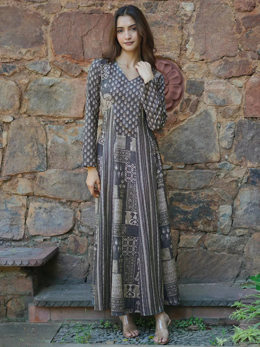 Grey Printed Cotton Blend A-Line Dress by My Store