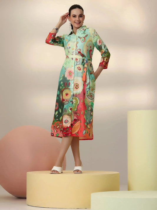 Sea Green Printed Cotton Blend Shirt Dress With Belt by My Store